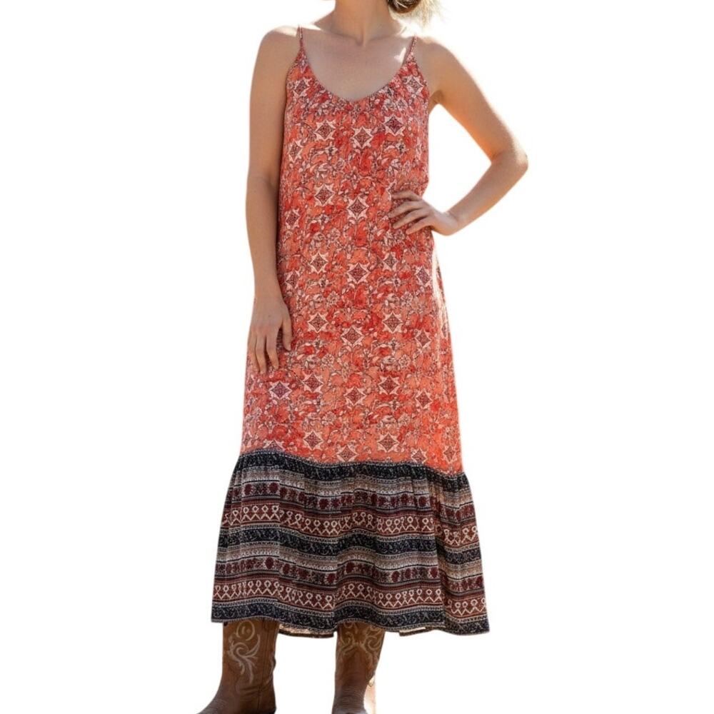 Reba Western Maxi Dress Womens Large Red Mixed Print Halter Long Tassels